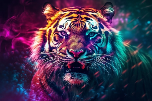 Un tigre avec un fond arc-en-ciel