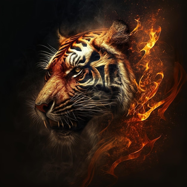 Un tigre avec un fond noir et un feu sur le visage.