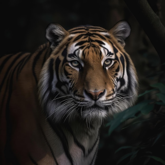 Un tigre avec un fond noir et un fond noir.