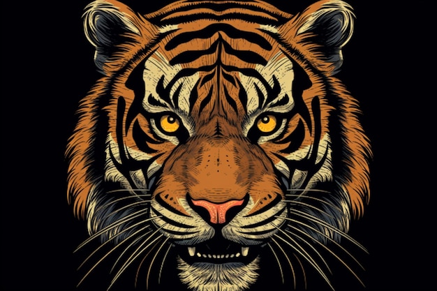 Un tigre avec un fond noir et des yeux jaunes.