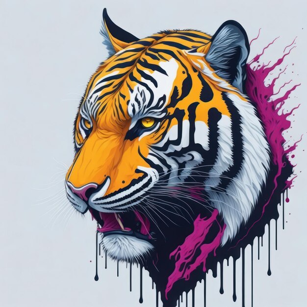 Un tigre avec un fond violet et une tête de tigre jaune.