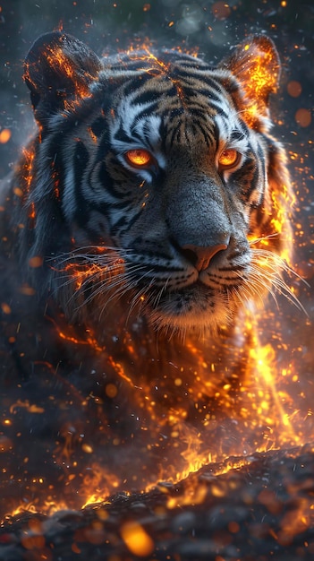 Photo tigre en forme de flammes avec des yeux brillants