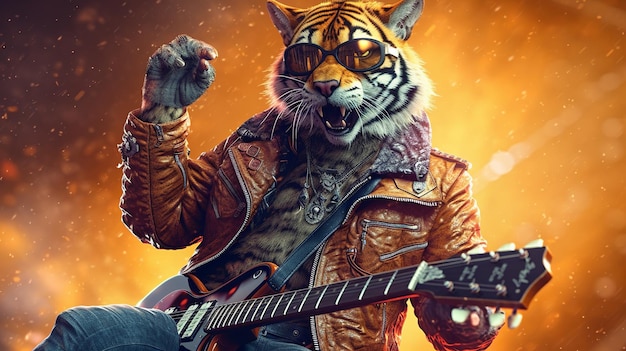 Un tigre jouant de la guitare dans un concert de rock