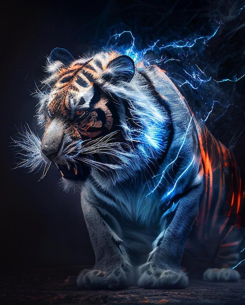 Un tigre avec une lumière bleue sur son visage
