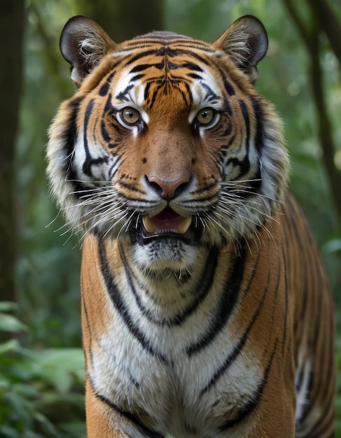 Un tigre majestueux parcourt la forêt luxuriante.