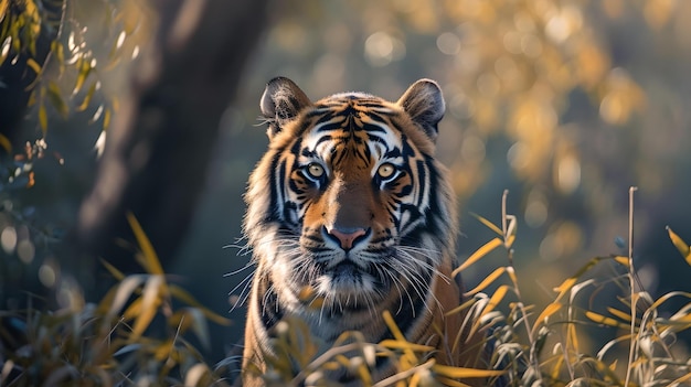 Un tigre majestueux regardant à travers le feuillage doré dans son habitat naturel. La photographie de la faune est idéale pour les impressions et les affiches.