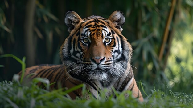 Un tigre majestueux se détend dans une verdure luxuriante Un portrait vivant de la faune dans un habitat naturel Un regard captivant de l'animal