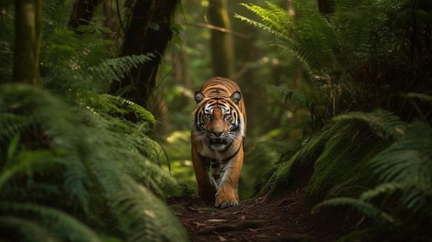 Un tigre marchant dans une forêt de fougères et de fougères