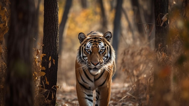 Un tigre marchant dans une forêt