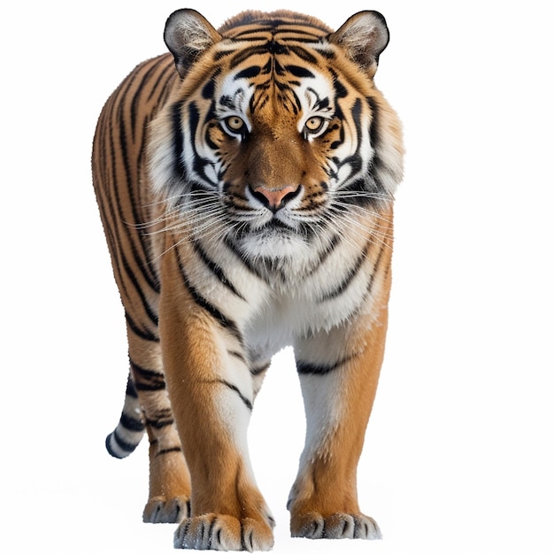Un tigre marchant vers la caméra avec un fond blanc.