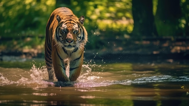 un tigre marche dans l'eau Animaux sauvages dans le débit de la rivière