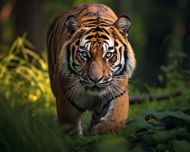 un tigre marche dans l'herbe de la forêt.