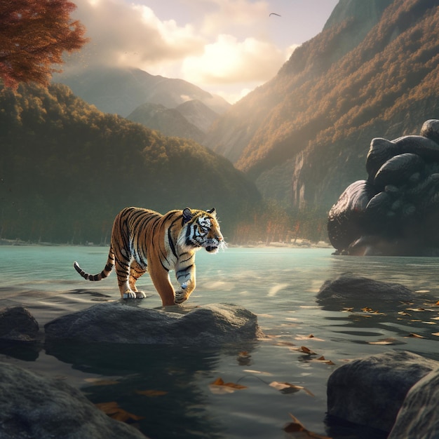 Un tigre marche dans une rivière avec une montagne en arrière-plan.