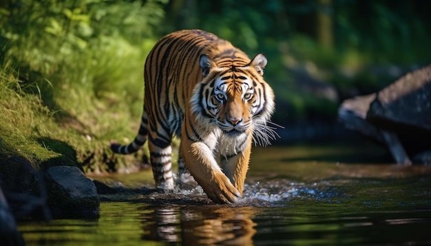 un tigre marche dans une rivière et regarde dans l'eau