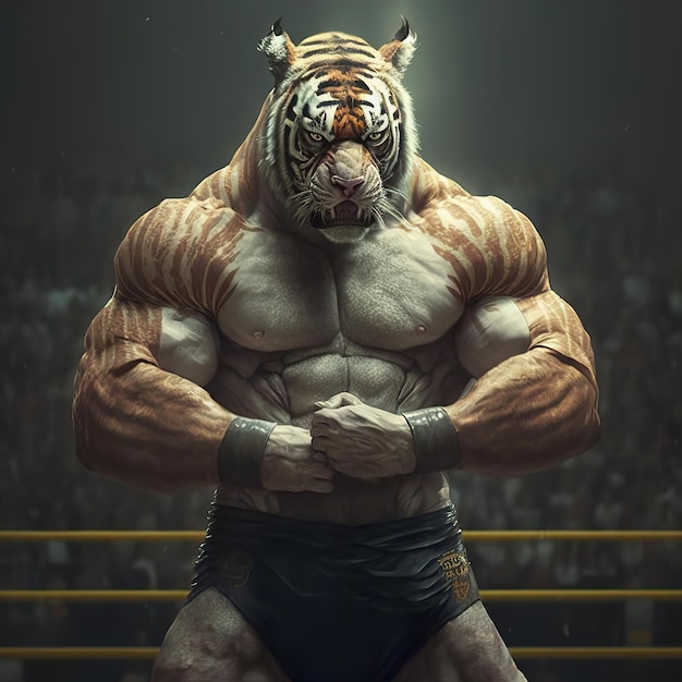 Un tigre avec un masque de tigre se tient dans un anneau.