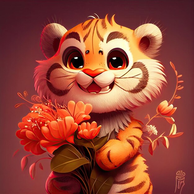 Tigre mignon souriant tenant un bouquet de fleurs colorées isolé fond chaud