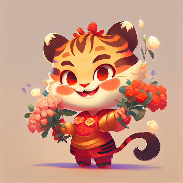 Tigre mignon souriant tenant un bouquet de fleurs colorées isolé fond chaud