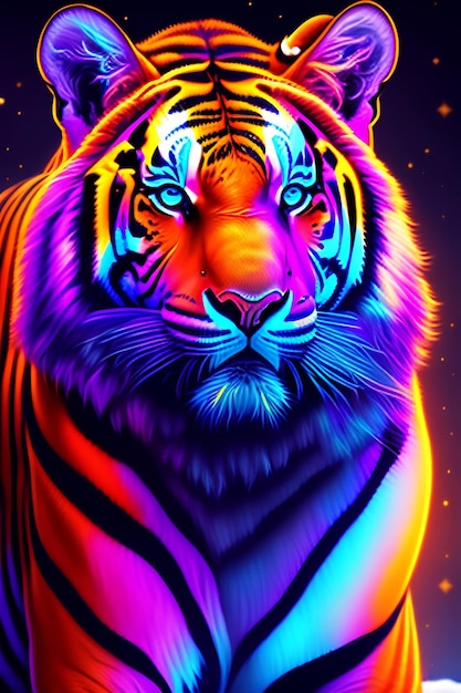 Un tigre avec un motif arc-en-ciel sur son visage