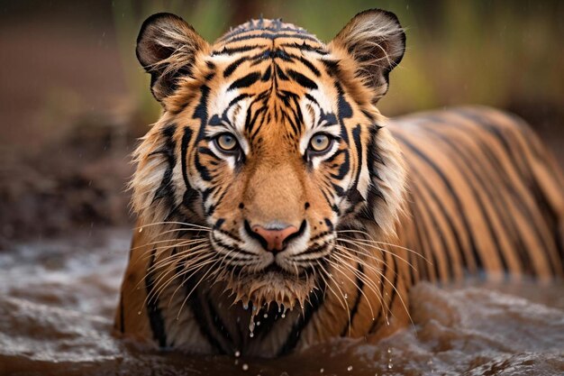 un tigre nage dans l'eau et c'est de l'eau qui éclabousse.