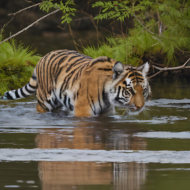 un tigre nage dans l'eau et nage