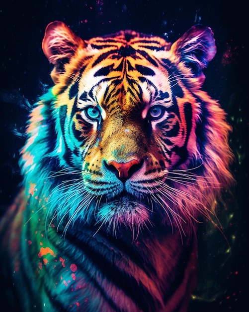 Un tigre avec un oeil bleu et un fond noir