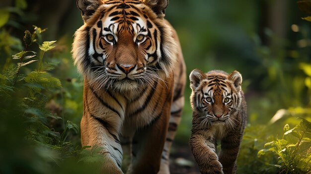 Tigre avec petit marchant dans la nature verdoyante