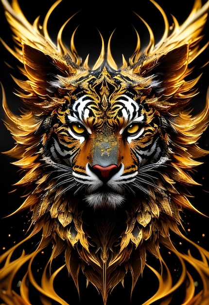 Un tigre avec des plumes d'or et des plumes d'or