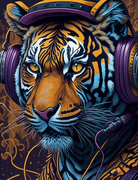 tigre portant des écouteurs coloré génératif ai