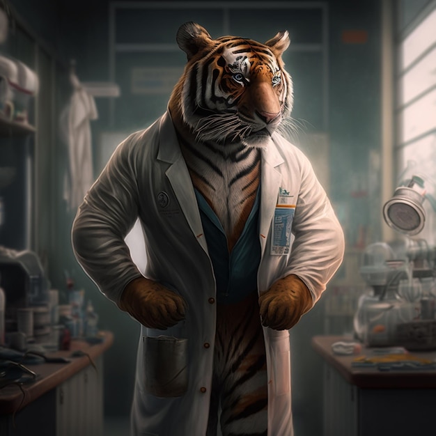 Photo un tigre portant un uniforme de médecin