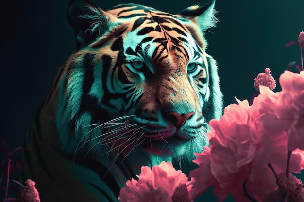 Photo un tigre posant à côté d'un bouquet de jolies fleurs roses