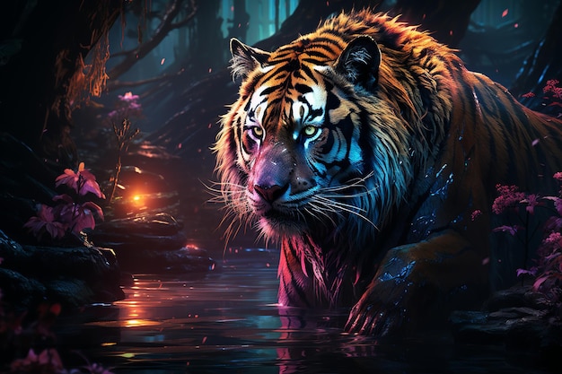 Tigre pourpre et rose au bord de l'eau Beauté éthérée dans la nature Fusion imaginative des couleurs Tigre captivant dans un paysage surréaliste Serenité esthétique Generative Ai