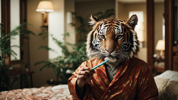 Photo un tigre en pyjama se brosse les dents avant d'aller se coucher