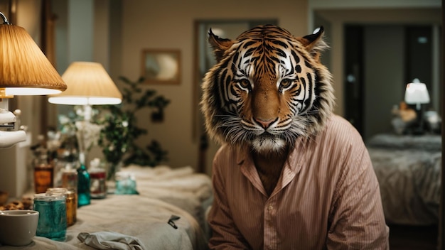 Photo un tigre en pyjama se brosse les dents avant d'aller se coucher