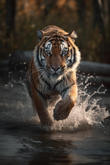 Un tigre qui court dans l'eau