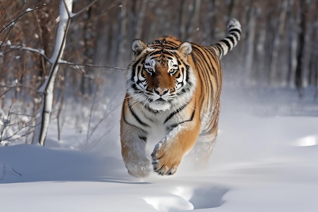 Un tigre qui court dans la neige.