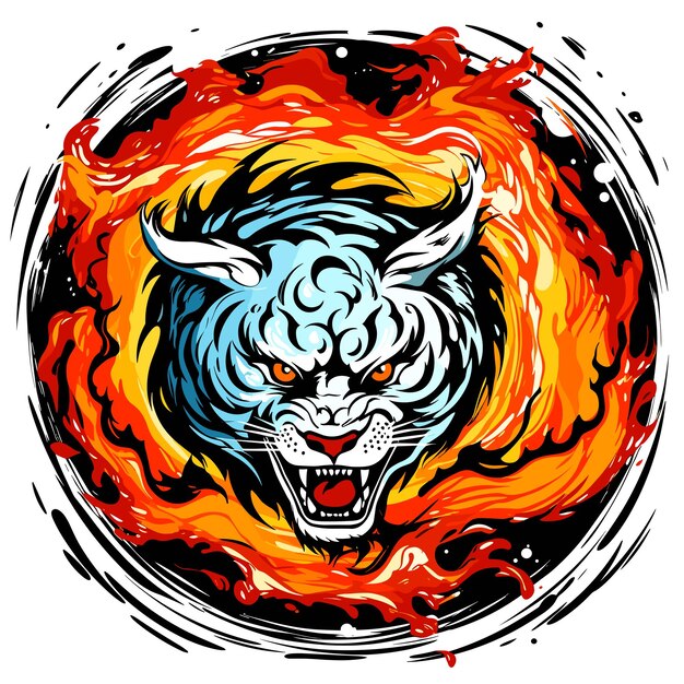 Photo tigre qui court à travers le feu dans le style du pop art vectoriel