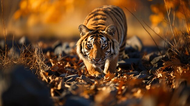 Un tigre qui marche dans un champ sec à l'arrière-plan flou