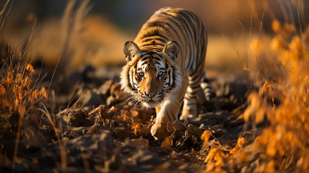 Un tigre qui marche dans un champ sec à l'arrière-plan flou