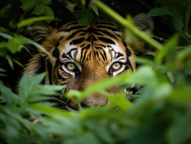 un tigre regardant à travers les plantes