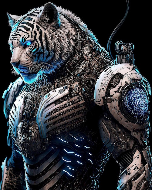 Un tigre avec un robot sur son bras
