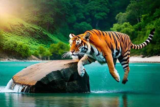 Tigre sur un rocher dans l'eau