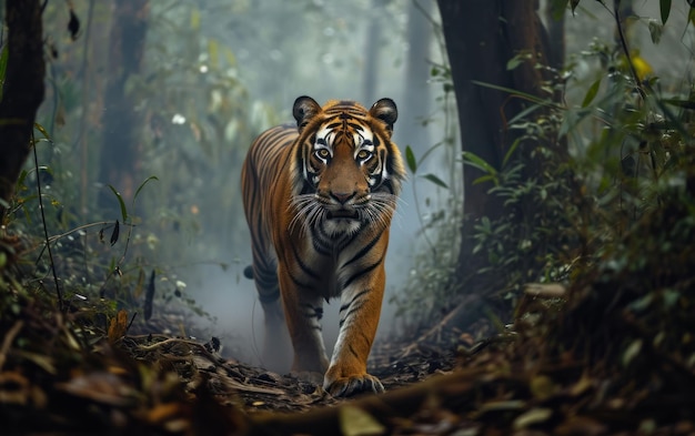 Un tigre rôde à travers une forêt brumeuse.