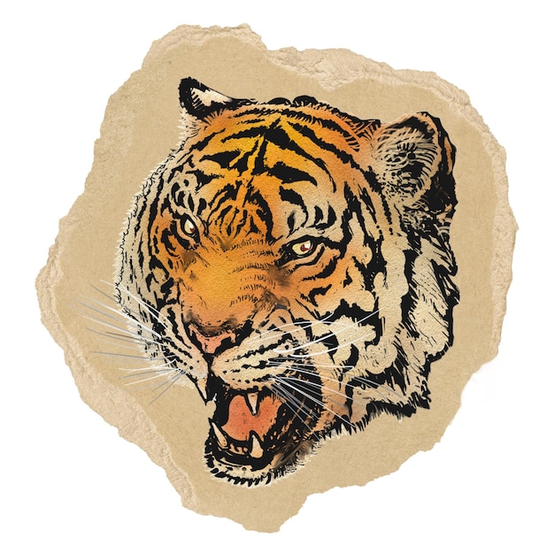 Le tigre rugissant est un autocollant png déchiré sur un fond transparent.