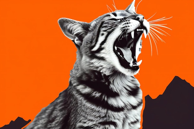 Le tigre rugissant sur un fond orange monochrome