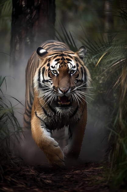 Un tigre avec sa bouche ouverte et un grand sourire sur son visage