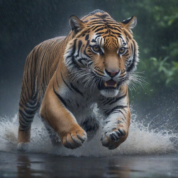 Un tigre sauvage qui court sous la pluie.