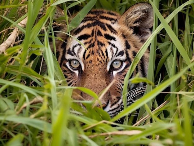Photo un tigre se cachant dans l'herbe haute