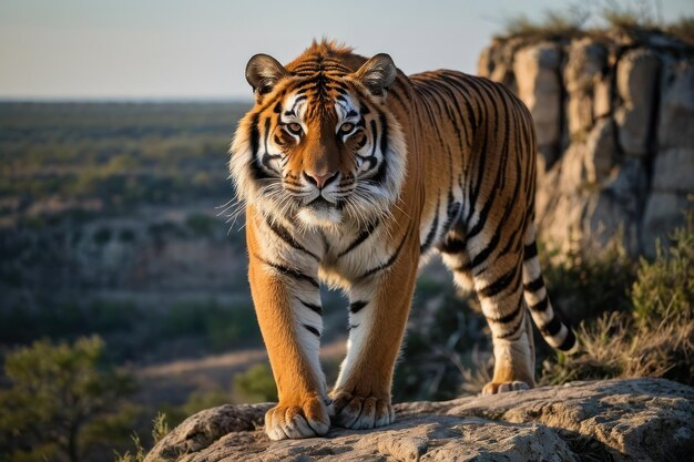 Un tigre se reposant sur un rocher au coucher du soleil