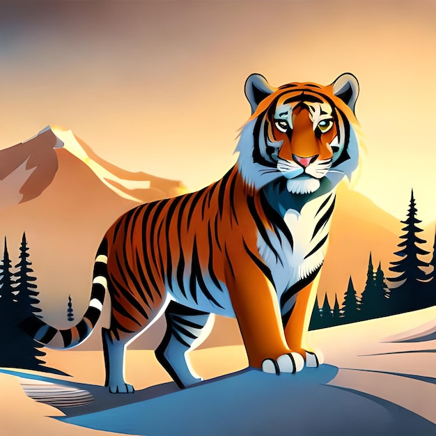 Photo un tigre se tient dans la neige devant une montagne.