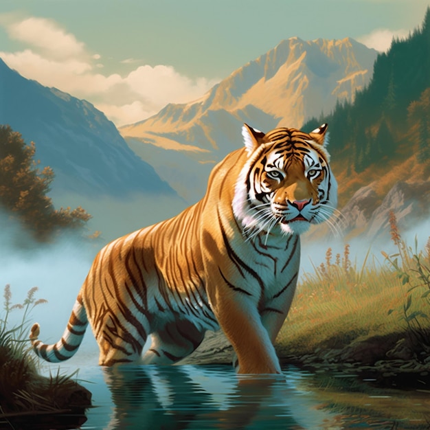 Un tigre se tient debout dans un ruisseau d'eau et les montagnes sont en arrière-plan.
